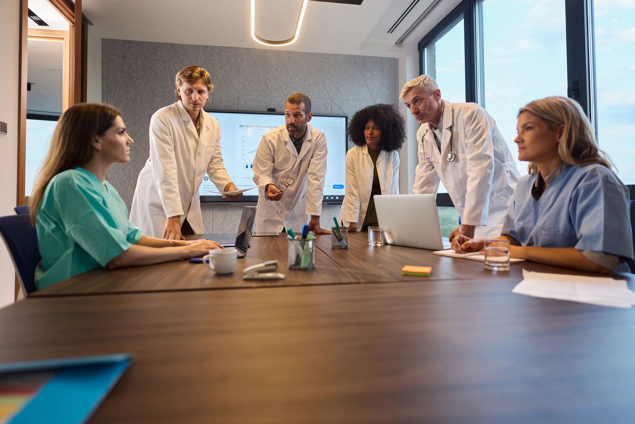 Medical staff meeting in a clinic setting